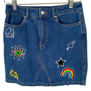 H&M Divided Size 6 Rainbow Lips Star Patch Embroidered Denim Skirt, 524